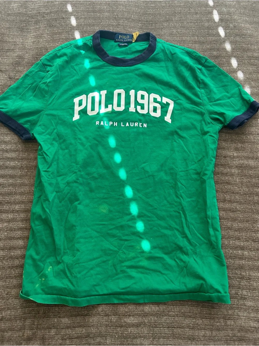 VINTAGE Polo by Ralph Lauren Green Tee with Navy Collar and White Graphic